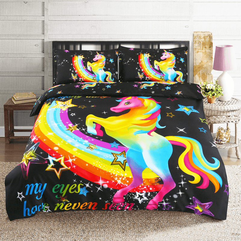 3 PCS Bedding Sets 3D Animal Unicorn Printing Quilt Cover Pillowcase for Queen Size