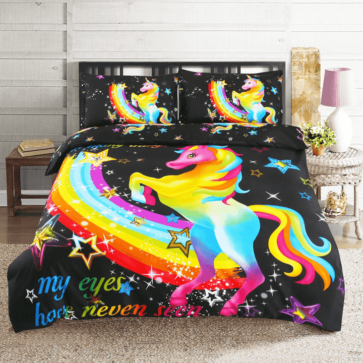 3 PCS Bedding Sets 3D Animal Unicorn Printing Quilt Cover Pillowcase for Queen Size