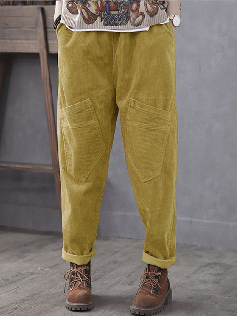 Women Corduroy Cargo Style Elastic Waist Pants with Multi Pocket