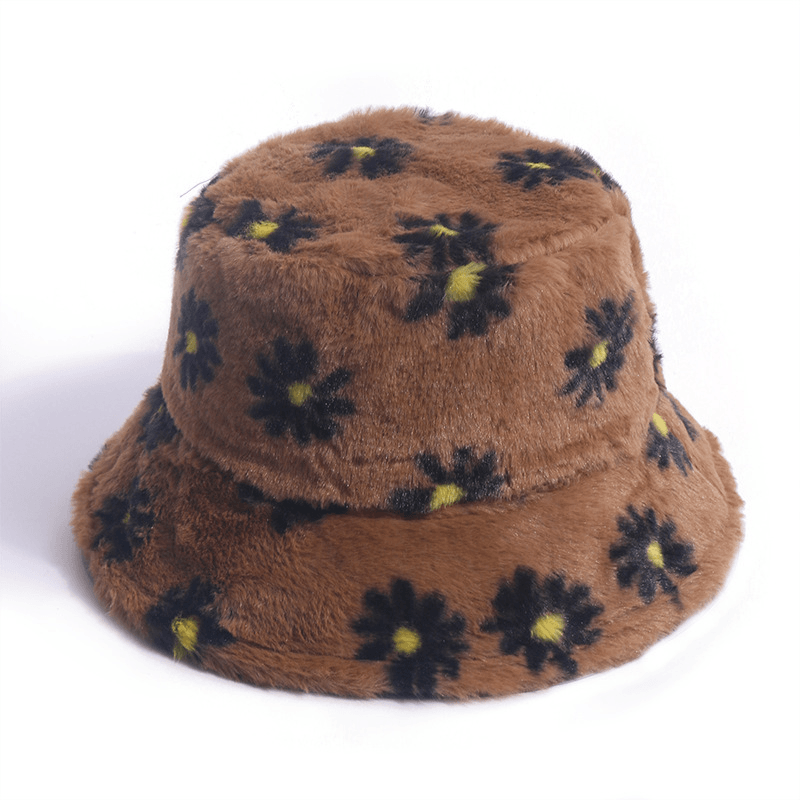 Korean Version of the Autumn and Winter Small Daisy Print Fisherman Hat Plush Net Red All-Match Outing to Keep Warm Rabbit Fur Basin Hat