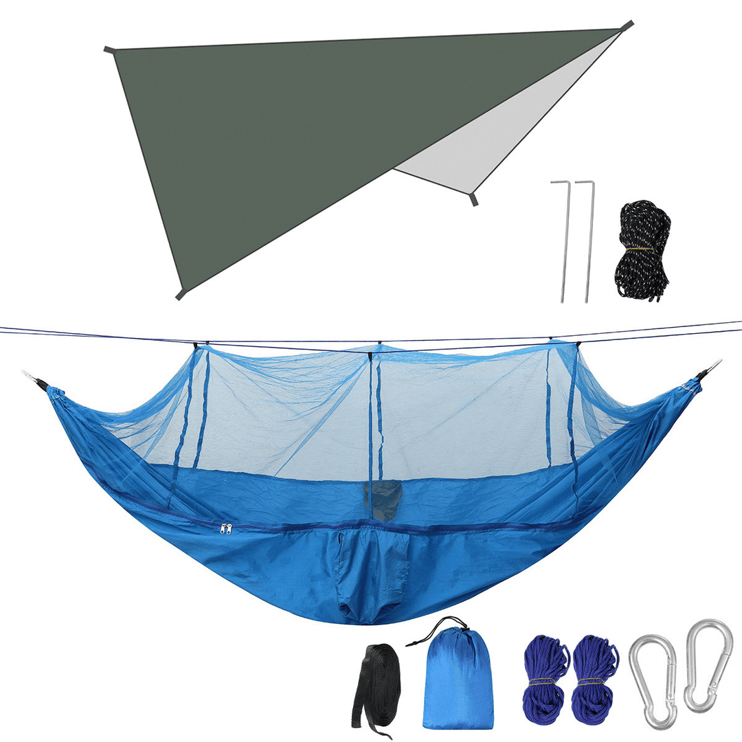 Double Person Camping Hammock with Mosquito Net + Awning Outdoor Hiking Travel Hanging Hammock Set Bearable 300Kg - MRSLM