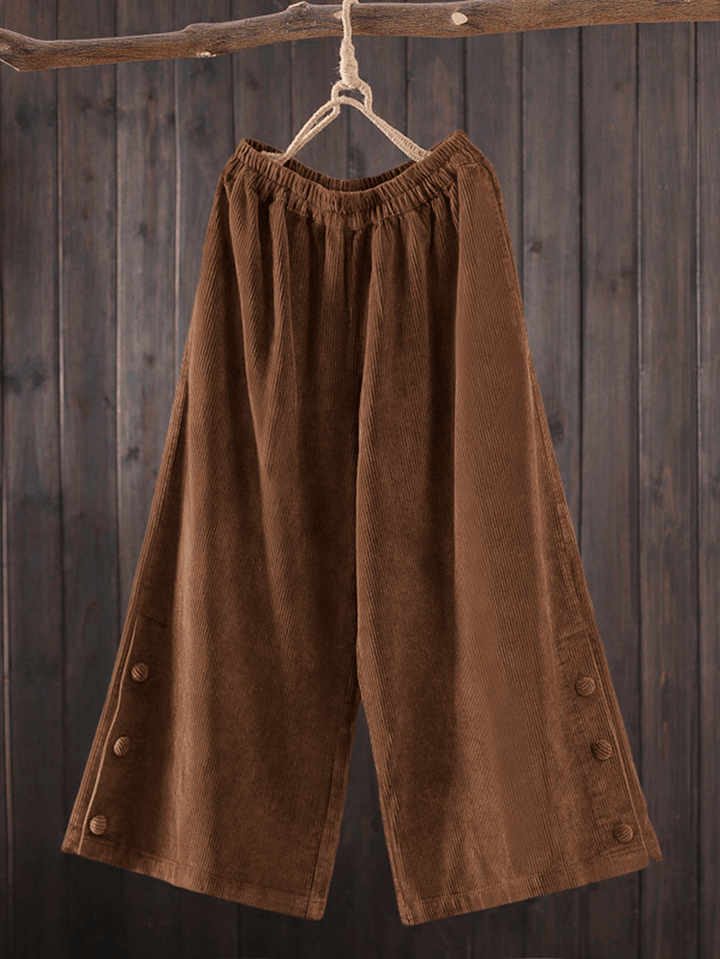 Women Corduroy Side Button Solid Elastic Waist Wide Leg Pants with Pocket