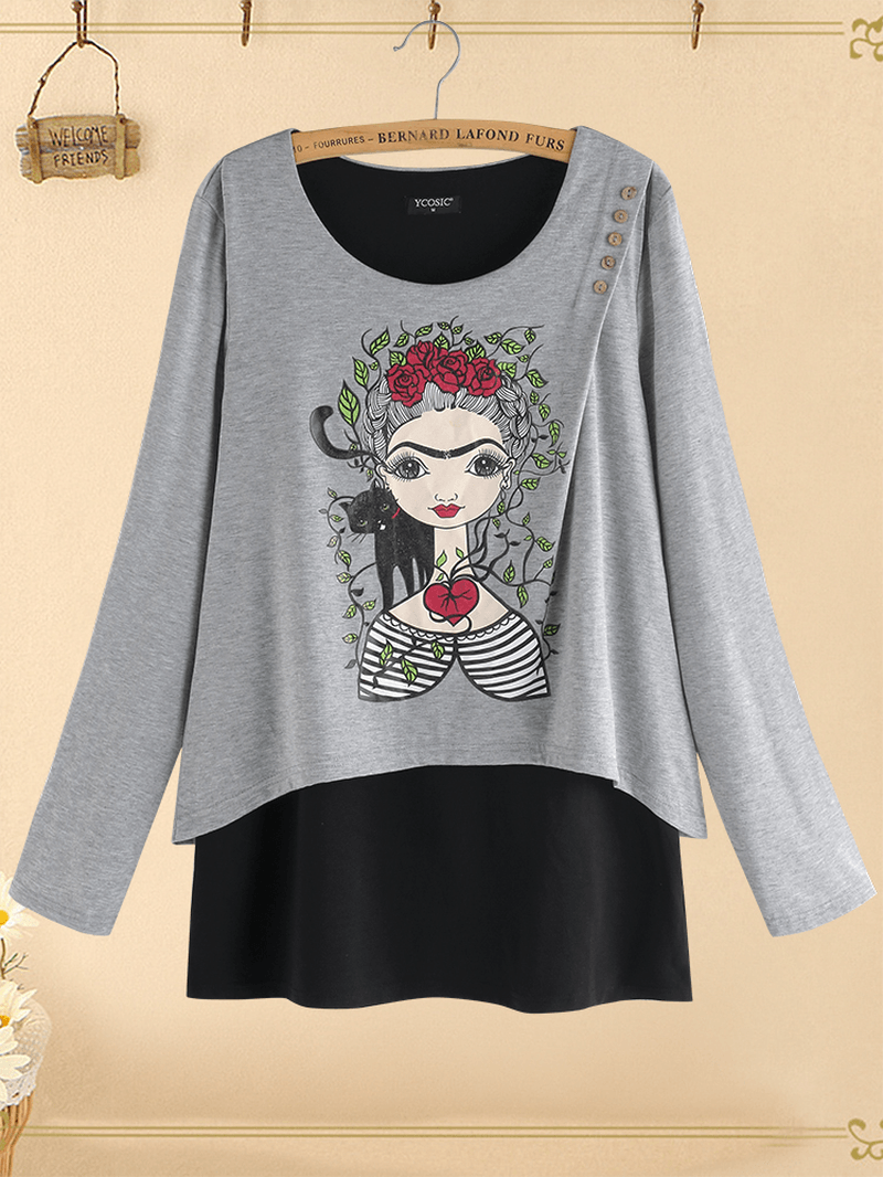 Print Girl Button Long Sleeve Vintage Blouse - MRSLM