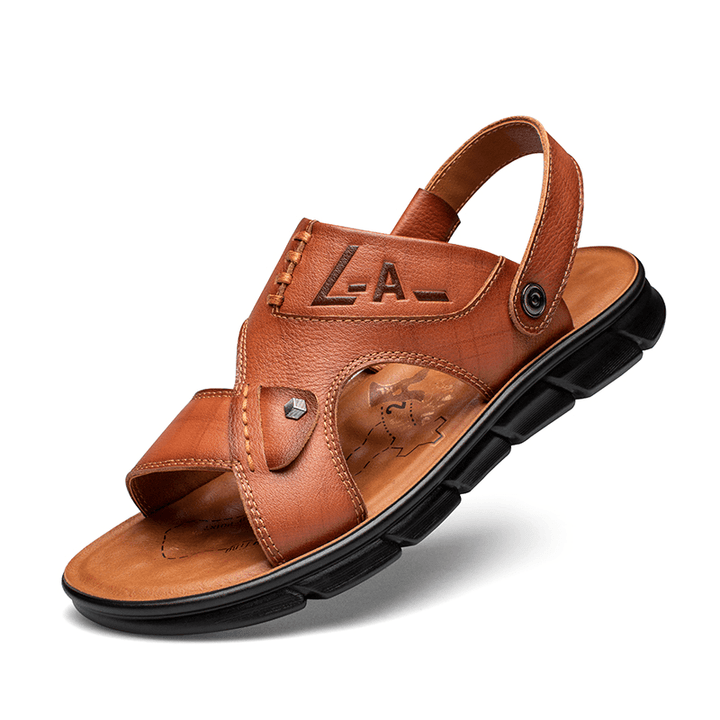 Men Cowhide Leather Opened Toe Non Slip Comforty Beach Casual Outdoor Sandals