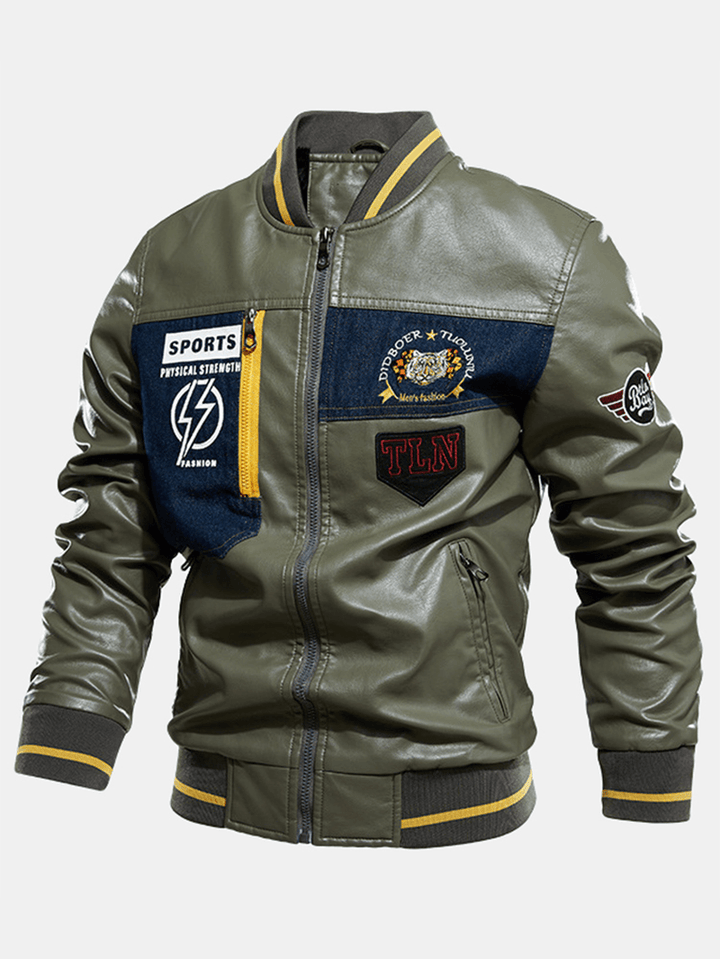 Mens Graphics Embroidery Baseball Collar PU Leather Jacket