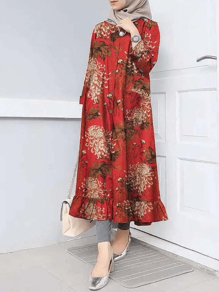 Women Flora Print Ruff Hem O-Neck Casual Bohemian Abaya Kaftan Shirt Dress with Pocket