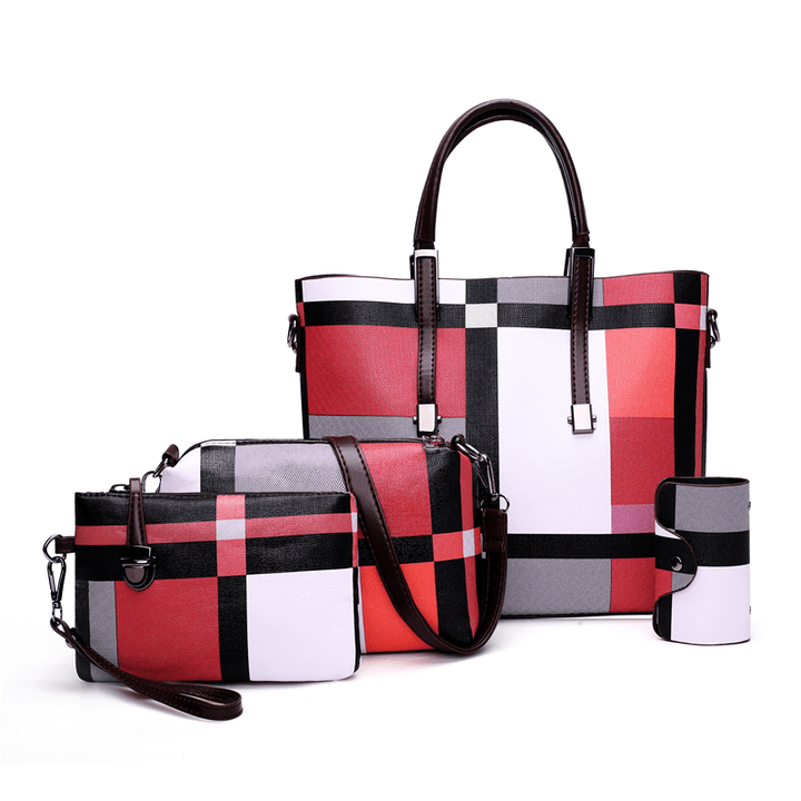 4PCS PU Leather Fashion Lattice Shoulder Bag Set for Female - MRSLM