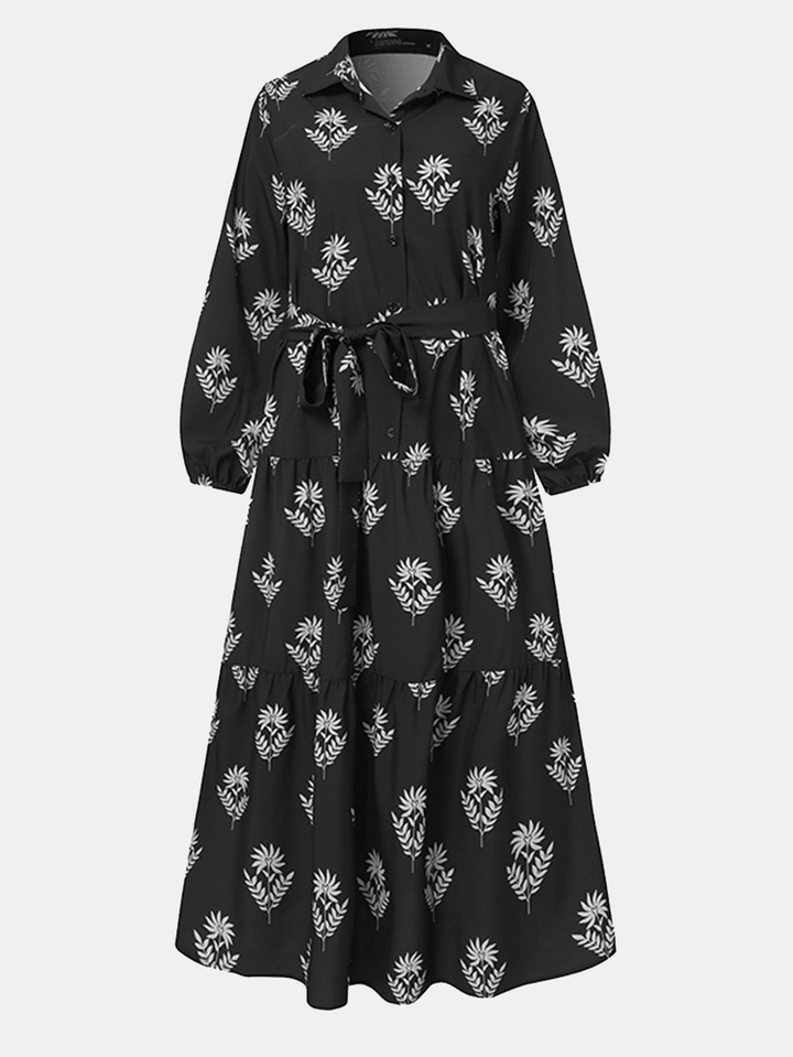 Women Floral Print Lapel Puff Sleeve Kaftan Maxi Dress with Belted