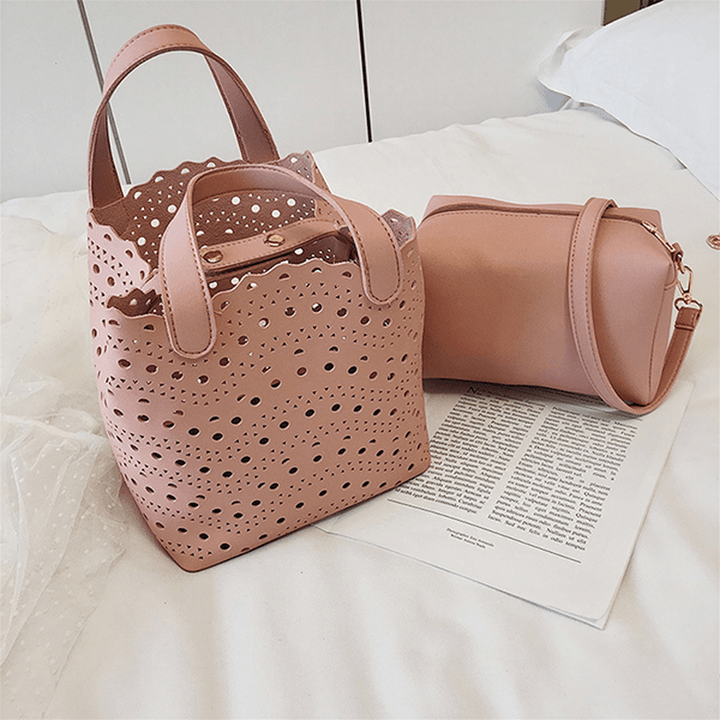 2 PCS Women Hollow Out PU Leather Bucket Bag