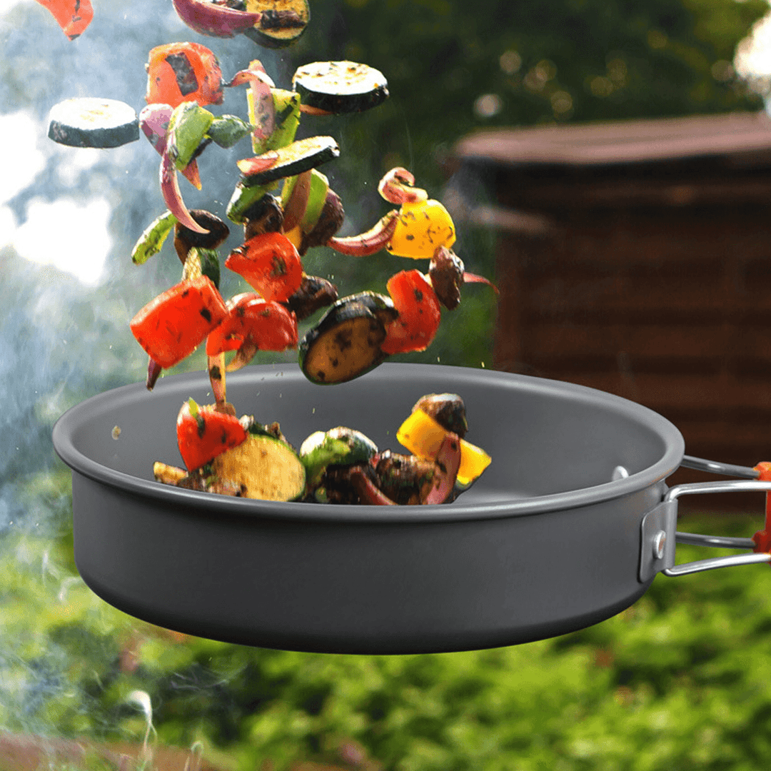 Outdoor Camping Hiking Cookware Tableware Picnic Cooking Pan Fry Pan Kettle Teapot Foldable Fork Spoon Kit Camping Picnic Tools