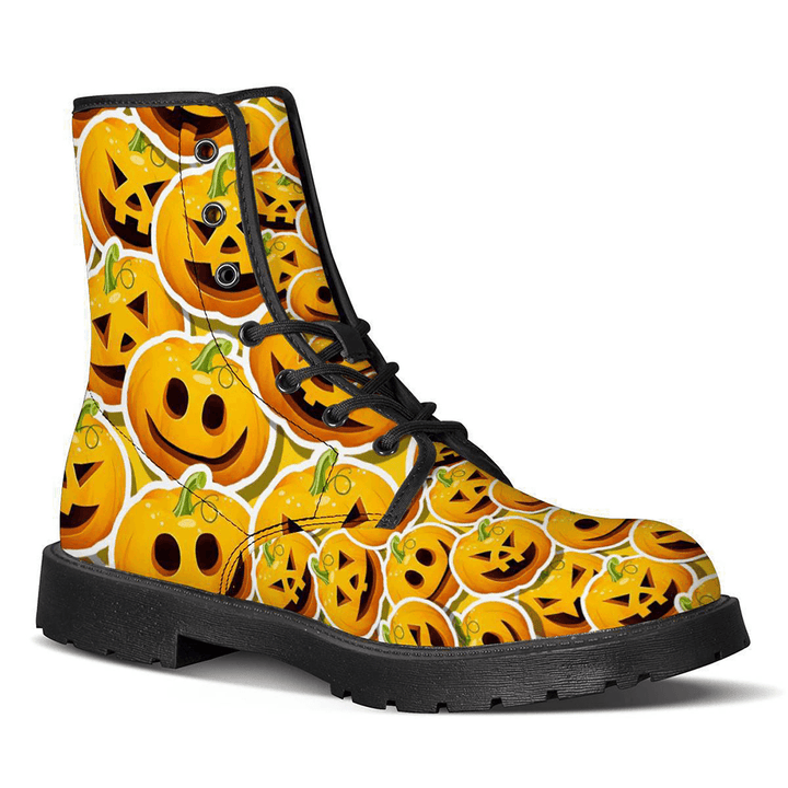 Men Leather Halloween Pumpkin Printing Soft Sole Non Slip Comfy Casual Martin Boots