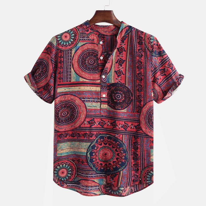 Mens Ethnic Style Printed Breathable Summer Henley Shirts - MRSLM