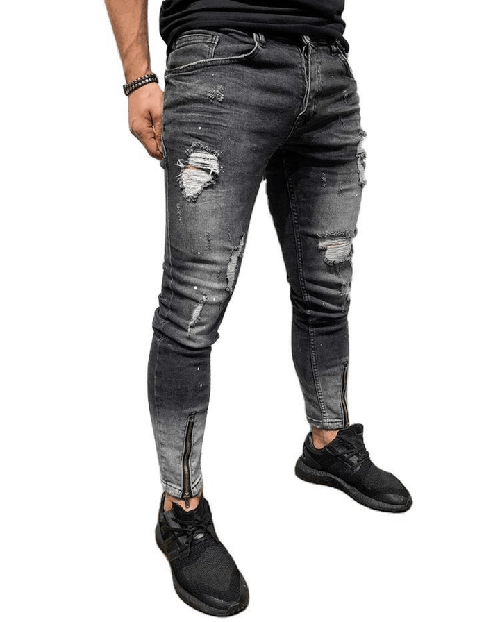 European and American New Fashion Ripped Youth Jeans with Zipper - Elastic Feet