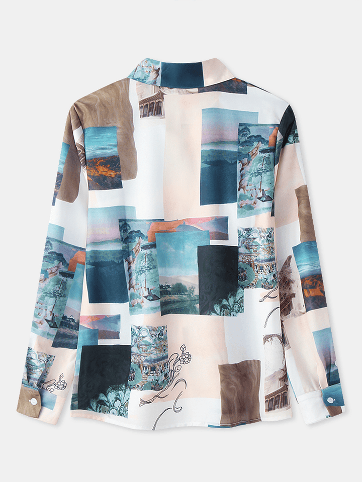 Women Block Landscape Print Long Sleeve Lapel Casual Blouse