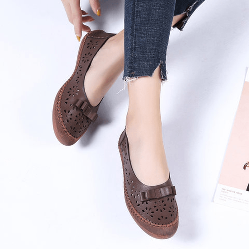 Women plus Size Genuine Leather Breathable Hollow Out Slip on Casual Flats Loafers