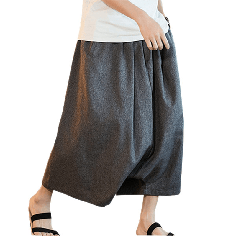 Chinese Style Casual Breathable Wide Leg Pants Fashion Men'S Large Size Calf-Length Pants