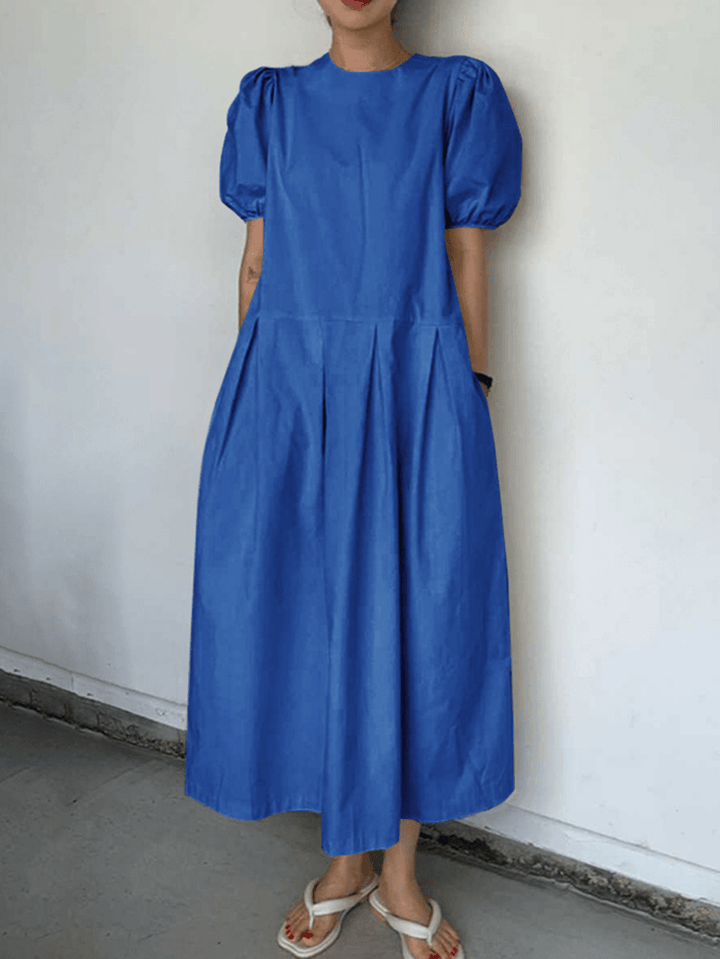 Casual Plain Round Neck Puff Sleeve Maxi Dress with Side Zipper and Pocket - Solid Stitching Maxi Dress for Summer