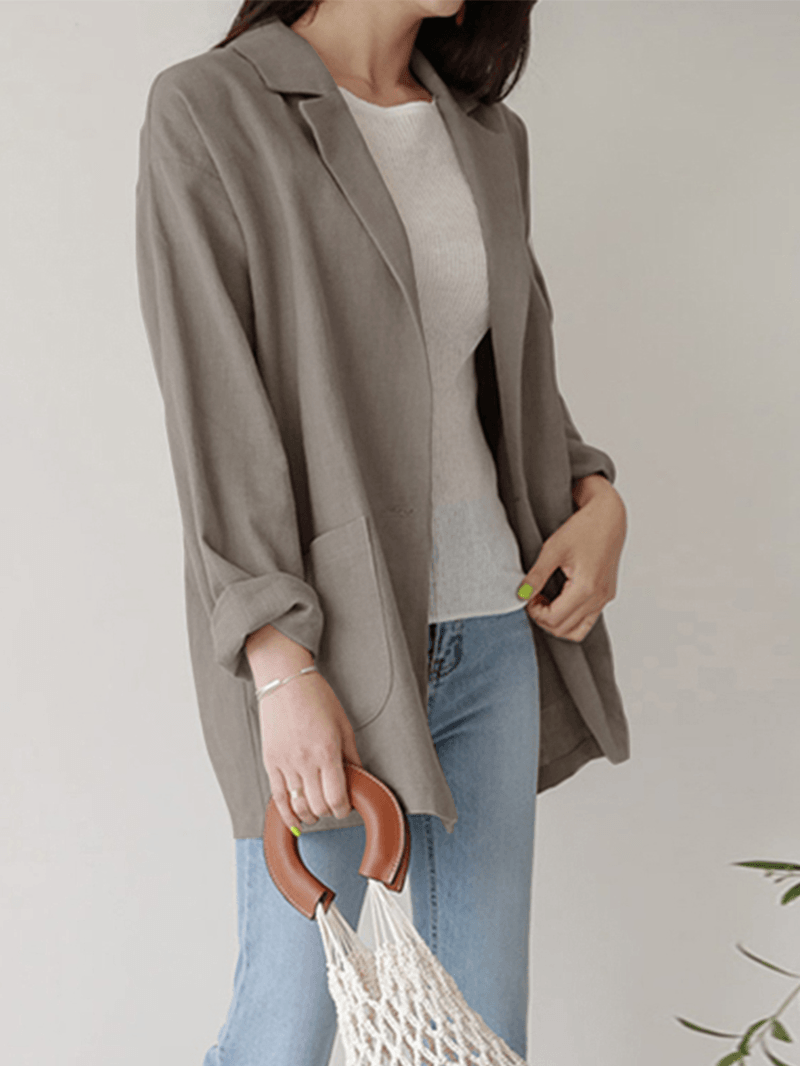 Women Plain Turn-Down Collar Casual Stylish Long Sleeve Blazer with Pockets