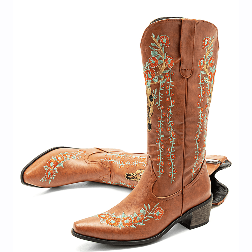 Women Retro Floral Animal Embroidery Leather Pointy-Toe V-Cut Chunky Heel Mid-Calf Knight Boots