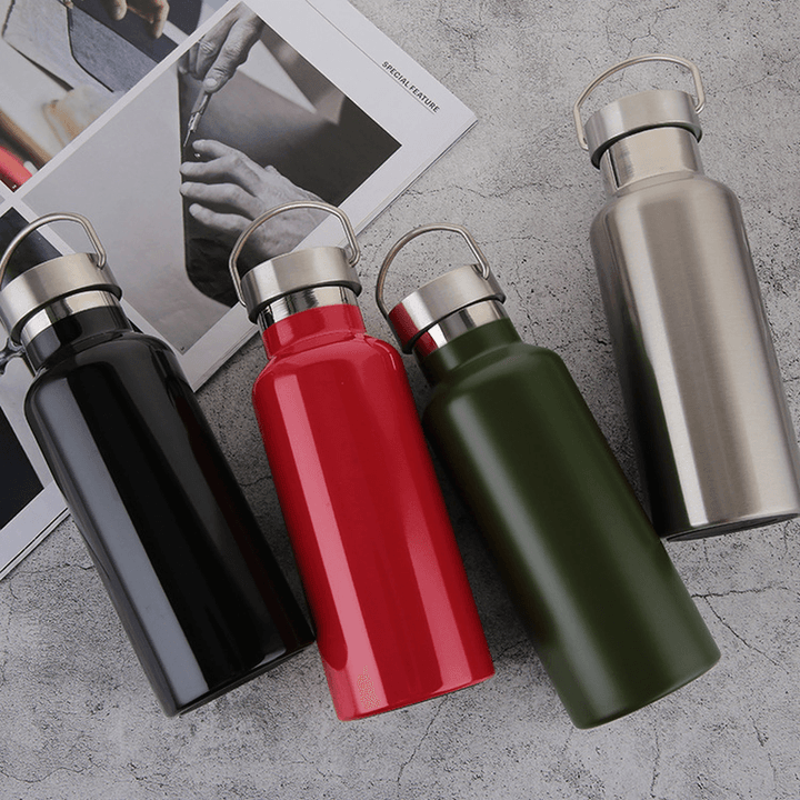 500Ml 600Ml 800Ml Water Bottle 304 Stainless Steel Wide Mouth Vacuum Cup with Outdoor Carabiner