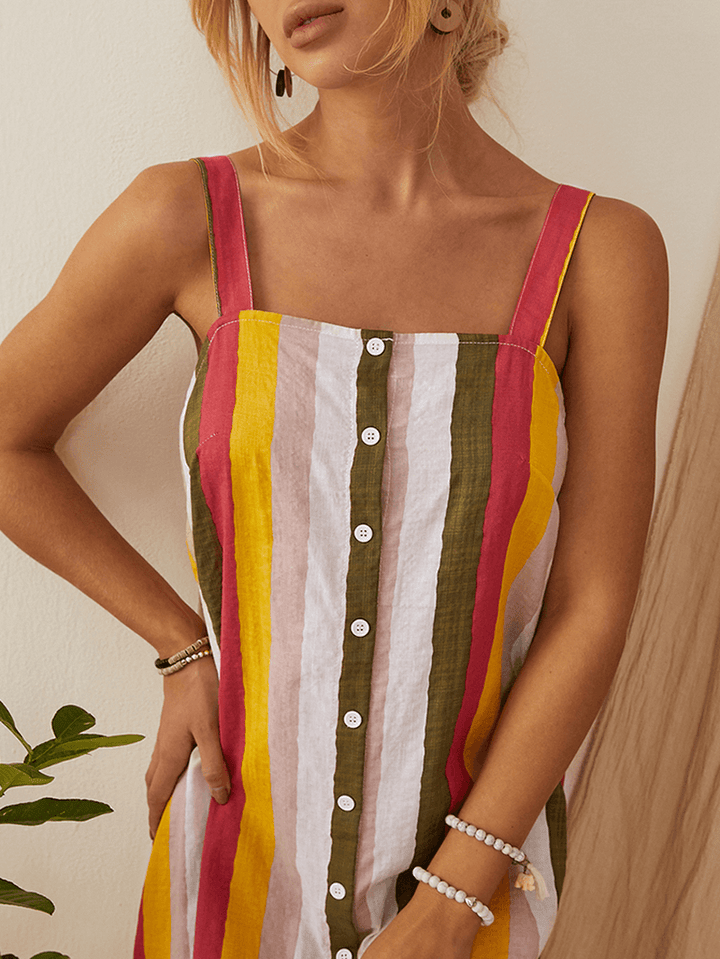 Striped Button down Split Straps Women Casual Maxi Dress