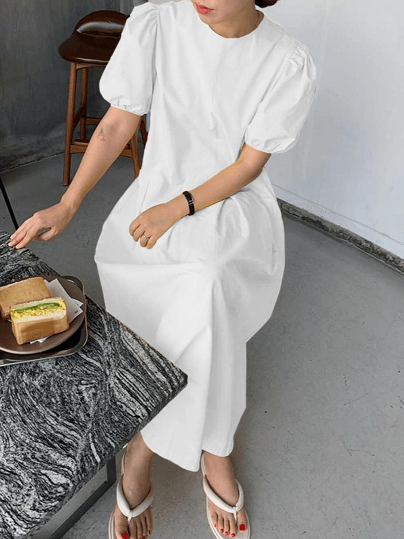 Casual Plain Round Neck Puff Sleeve Maxi Dress with Side Zipper and Pocket - Solid Stitching Maxi Dress for Summer