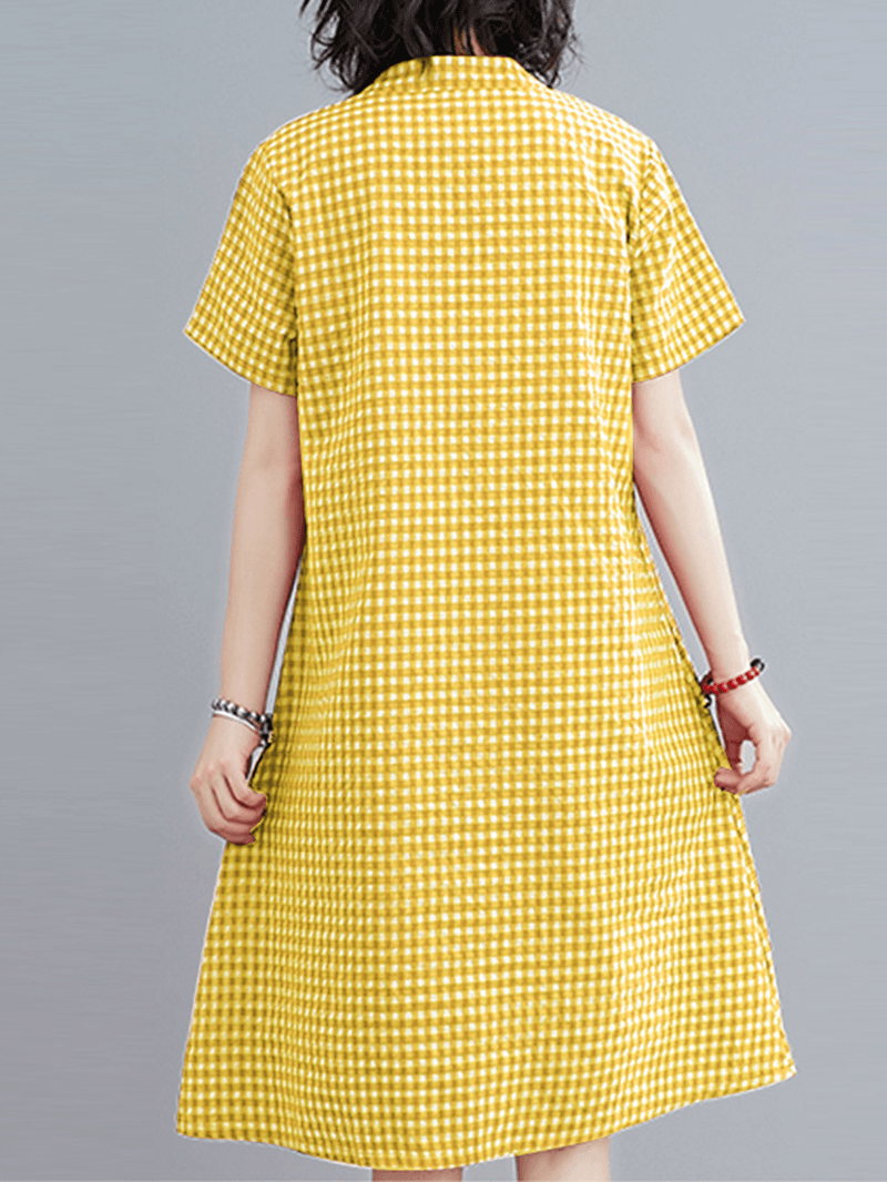 Short Sleeve Stand Collar Pleated Spliced Plaid Casual Dress for Women