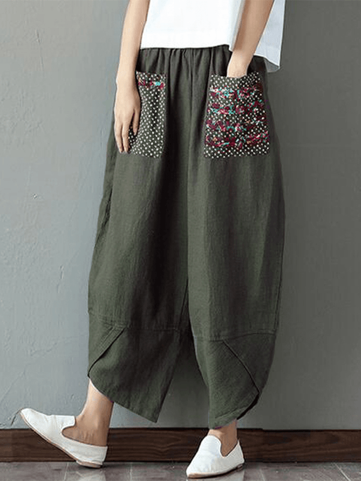 100% Cotton Loose Plicing Ninth Ethnic Style Vintage Pants