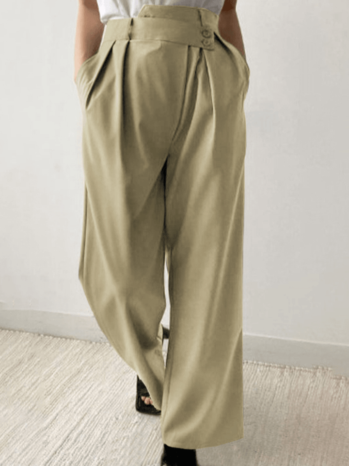 Women Solid Color Side Button Casual Loose Zipper Pants with Pocket