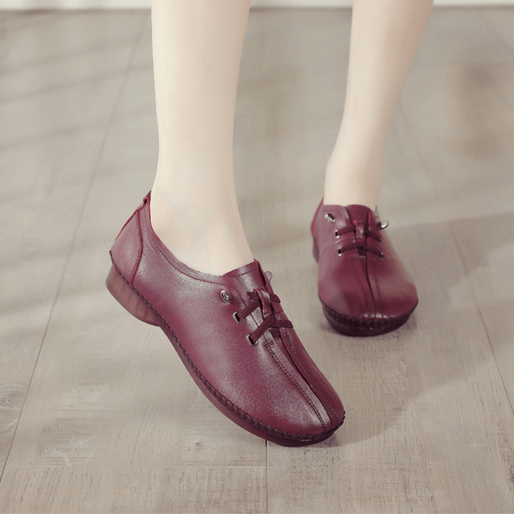 Women Comfy Stitching Genuine Leather Soft Lace up Flats Loafters - MRSLM