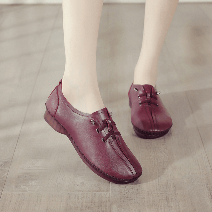 Women Comfy Stitching Genuine Leather Soft Lace up Flats Loafters - MRSLM