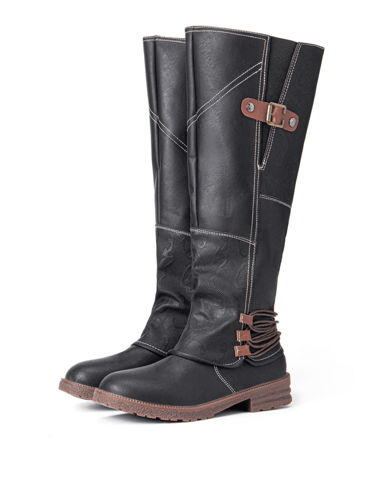 Women Metal Buckle Decor Slip on Mid Calf Riding Boots - MRSLM