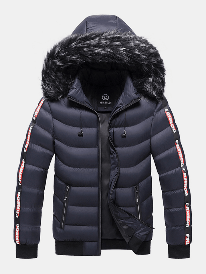 Men Letter Webbing Thick Removable Fur Hooded Zipper Pocket Solid Color down Jacket - MRSLM