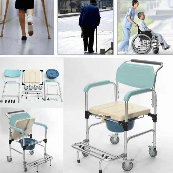 3-In-1 Commode Wheelchair Bedside Toilet & Shower Seat Bathroom Rolling Chair Elder Folding Chair