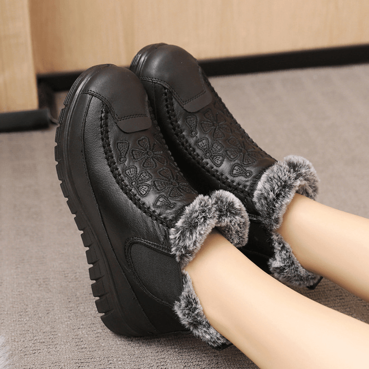 Women Comfy Floral Embroidered Waterproof Warm Lining Cotton Snow Boots