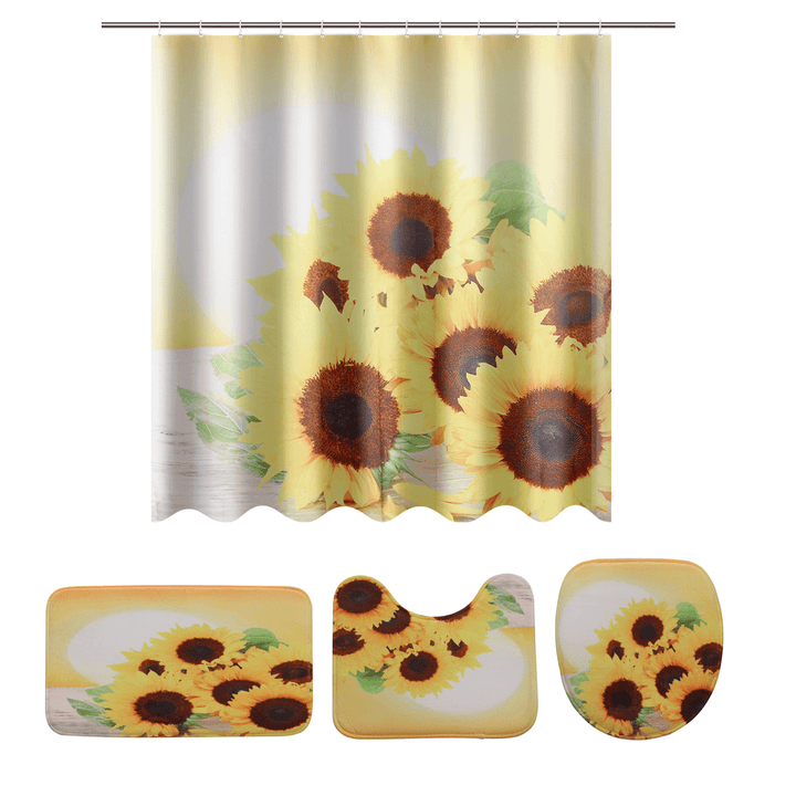 Sunflower Waterproof Shower Curtain Toilet Lid Cover Bathroom Non-Slip Mat Set - MRSLM