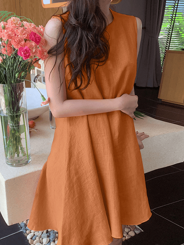 Women Cotton Solid Color round Neck Sleeveless Casual Midi Dress