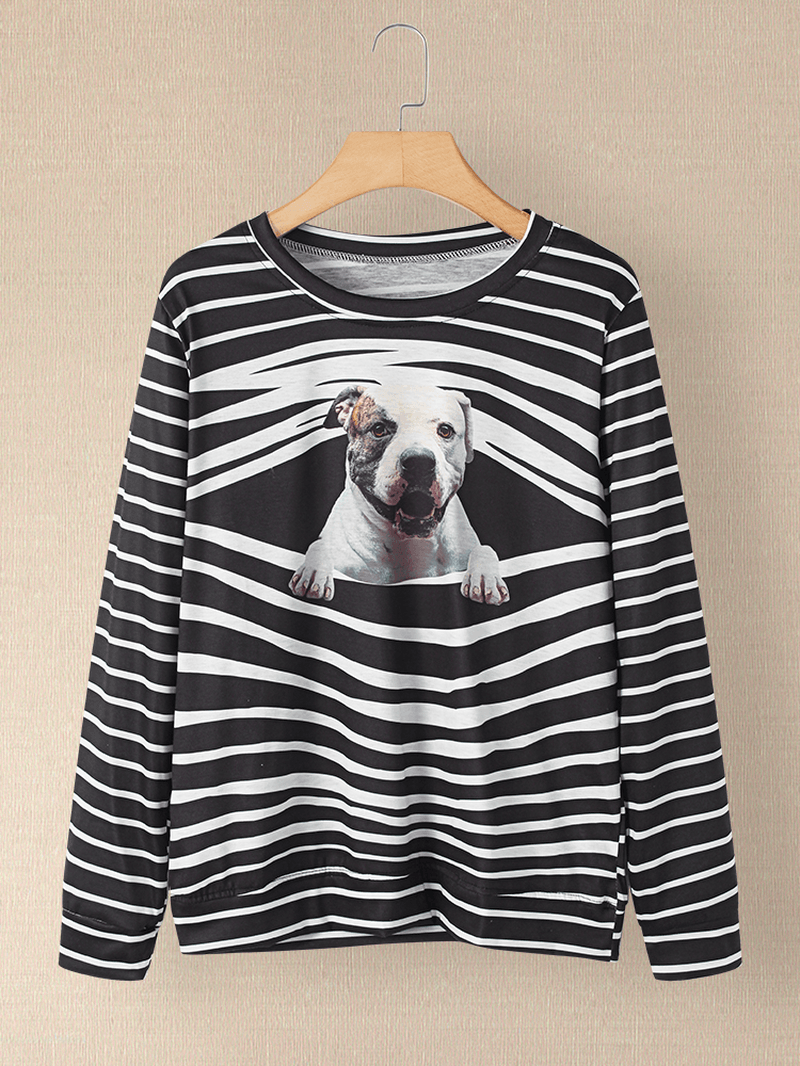 Women 3D Dog & Stripe Print O-Neck Pullover Casual Sweatshirts - MRSLM