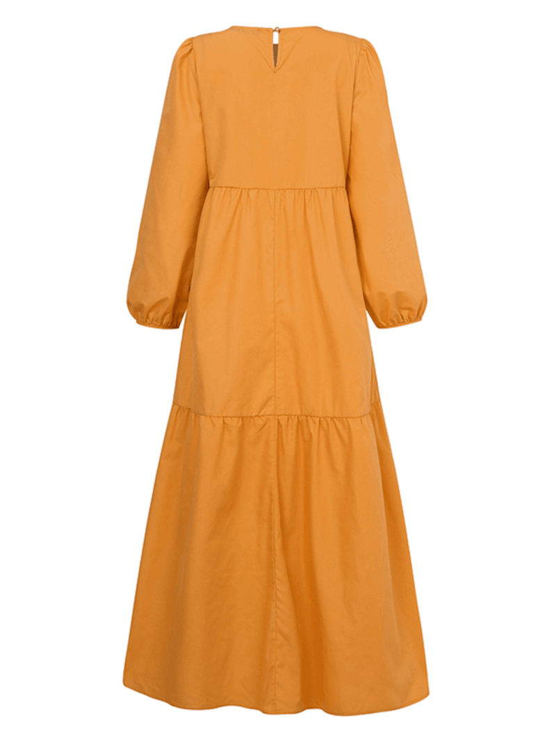 Women Solid Crew Neck Layered Back Buttons Abaya Kaftan Dress