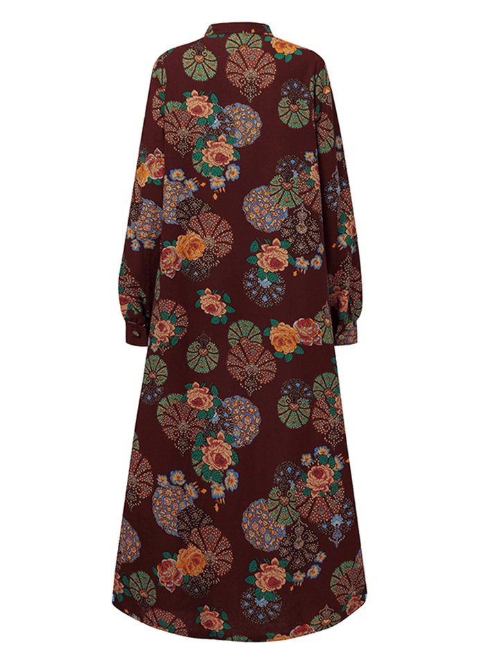 Women Retro Floral Print O-Neck Button Robe Shirt Maxi Dress with Pocket