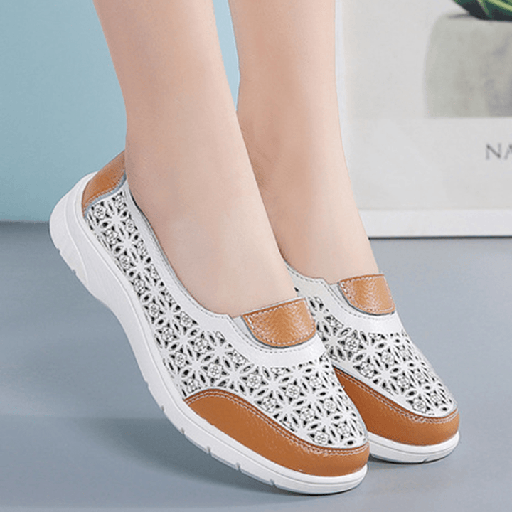 Women Hollow Leather Slip on Solid Color Soft Sole Flats