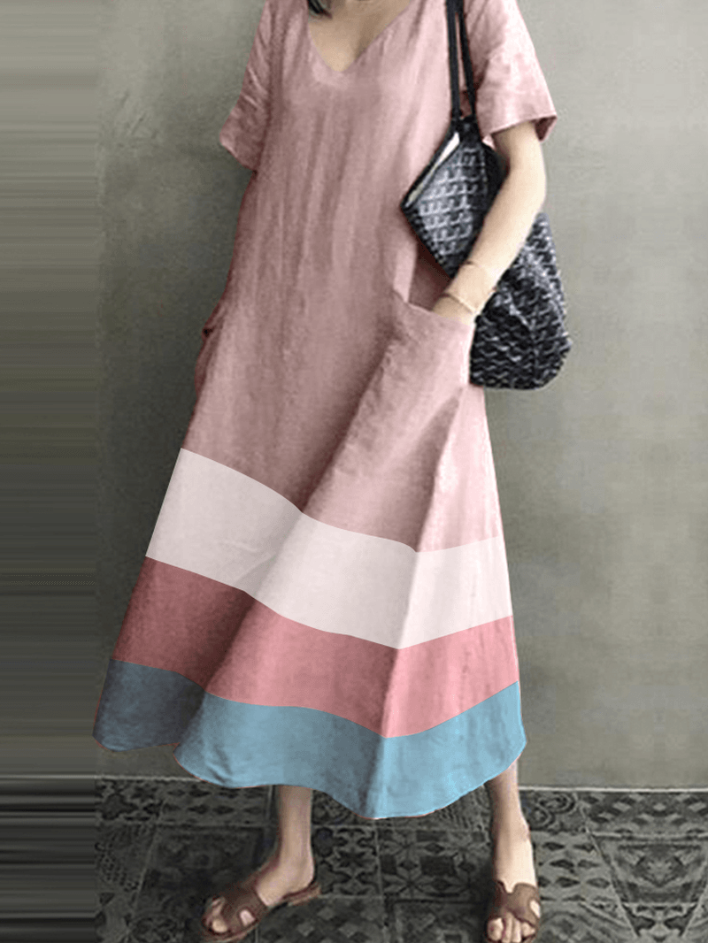 Women Cotton Contrast Color Stripe Print V-Neck Side Pocket Maxi Dress