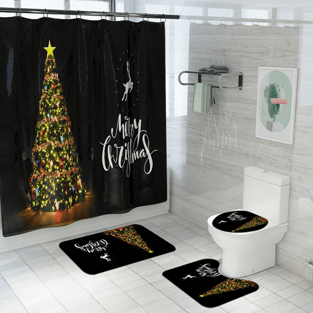 Waterproof Bathroom Shower Curtain Toilet Seat Cover Mat Non-Slip Rug Set