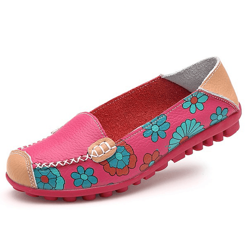 Big Size Women Flower Floral Leather Loafers Moccasins Flats Soft Ballet Shoes round Toe Flats - MRSLM