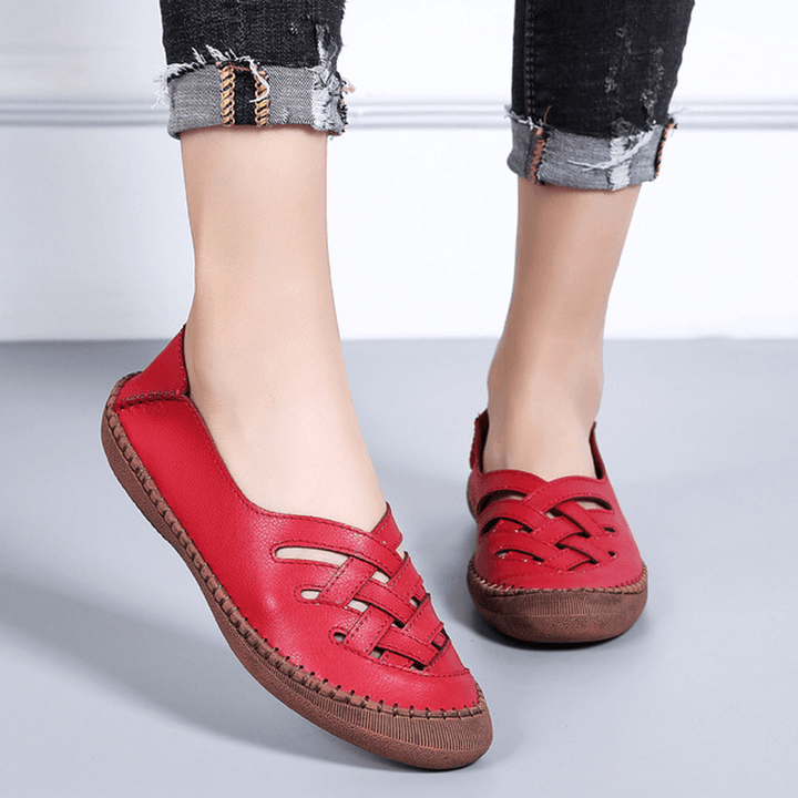 Women Genuine Leather Breathable plus Size Hollow Spring Casual Flats Loafers