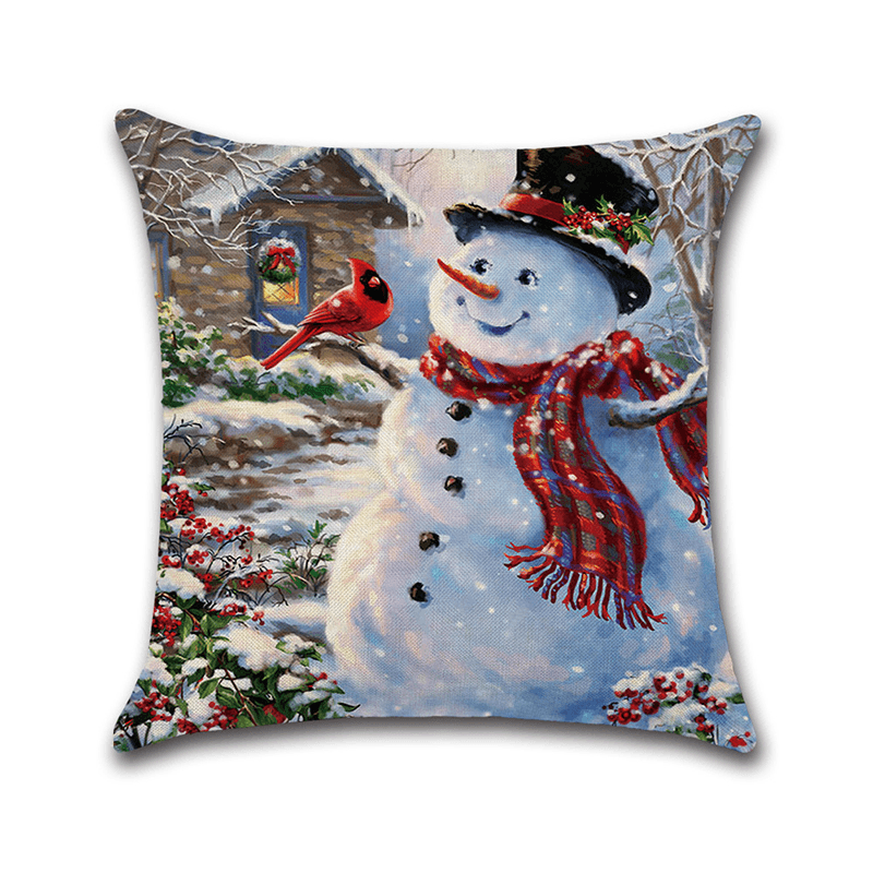 Christmas Snowman Printing Cotton Linen Cushion Cover Home Decorative Pillow Case