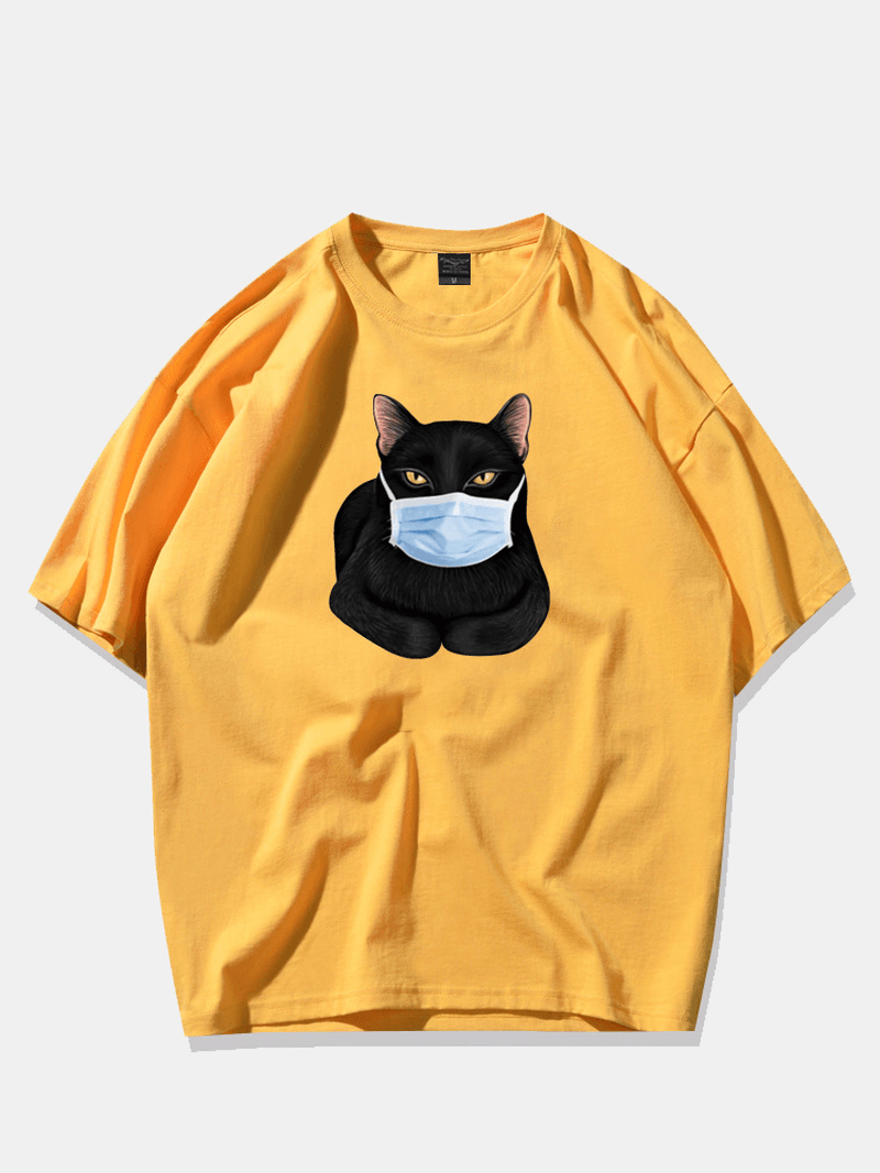 Fashion Cartoon Cat Mask Printing Short Sleeve O-Neck T-Shirts