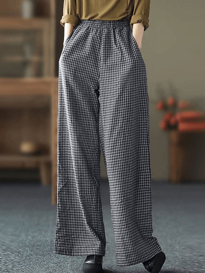 Women Plaid Wide-Legged Elastic Waist Side Pocket Ankle Length Loose Pants