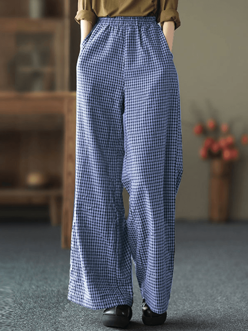 Women Plaid Wide-Legged Elastic Waist Side Pocket Ankle Length Loose Pants - MRSLM