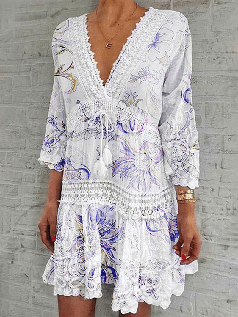 Women Flower Print Plunge Tie Front 3/4 Sleeve Lace Mini Dresses - MRSLM